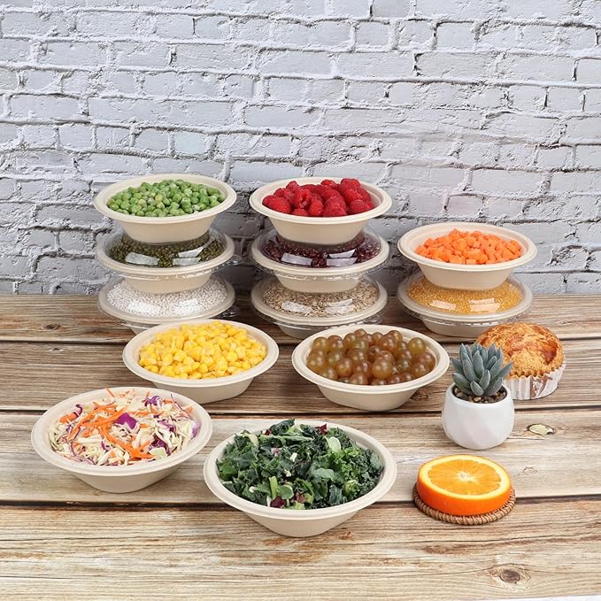 12 oz Round Disposable salad bowls with lids, Sugarcane Fiber Paper Bowls take away food containers Plant Fibers Freezer Safe 50 Pack