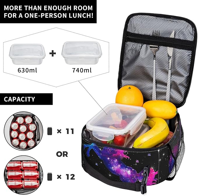YETTA YANG Galaxy Star Unicorn Black Portable Lunch Bag Insulated Lunch Box Reusable Totes For Women Men Work Picnic Camping