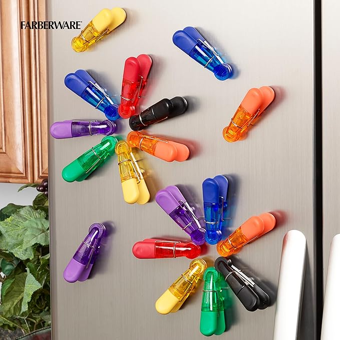 Farberware Classic Set of 15 Multipurpose Clips Food Saving Chip Bag Sealers with Magnetic Backs, 16 Pack, Assorted Translucent Colors