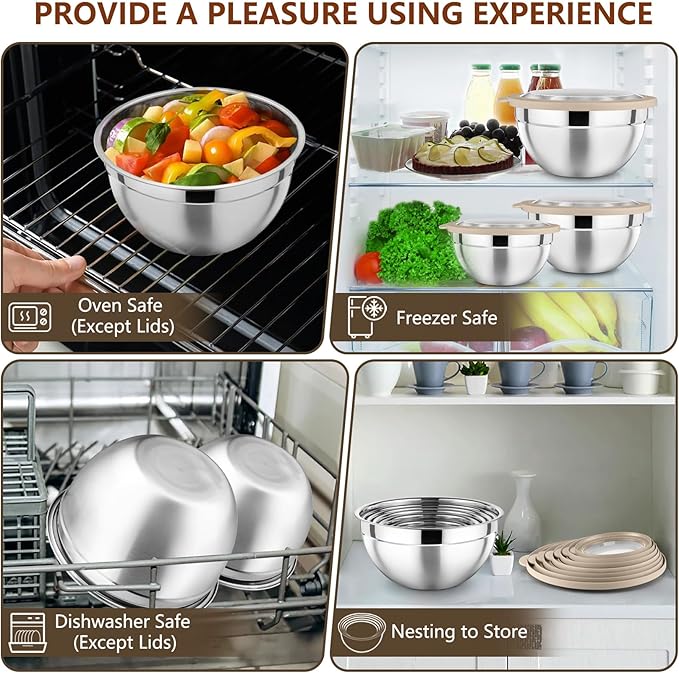 P&P CHEF Mixing Bowl with Lid Set, Stainless Steel Nesting Salad Bowls for Cooking Serving Prepping, Clear Lids & Stackable Design, Size 4.6, 3.5, 3, 2, 1.5, 1, 0.7 Qt - Khaki, Set of 7