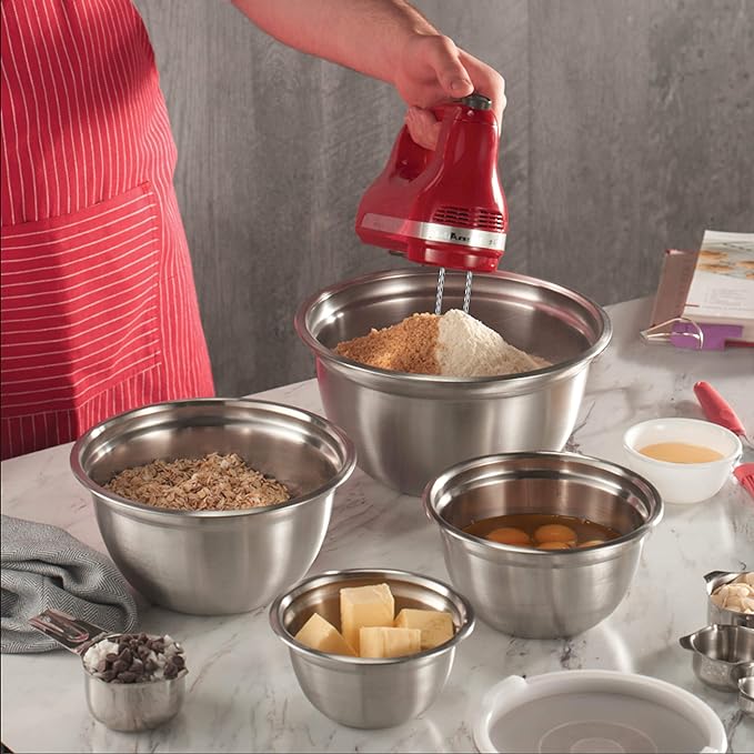 FineDine Stainless Steel Mixing Bowls Set with Lids, Home Kitchen Cooking Essentials Household Must Haves for Baking, 5 Pieces
