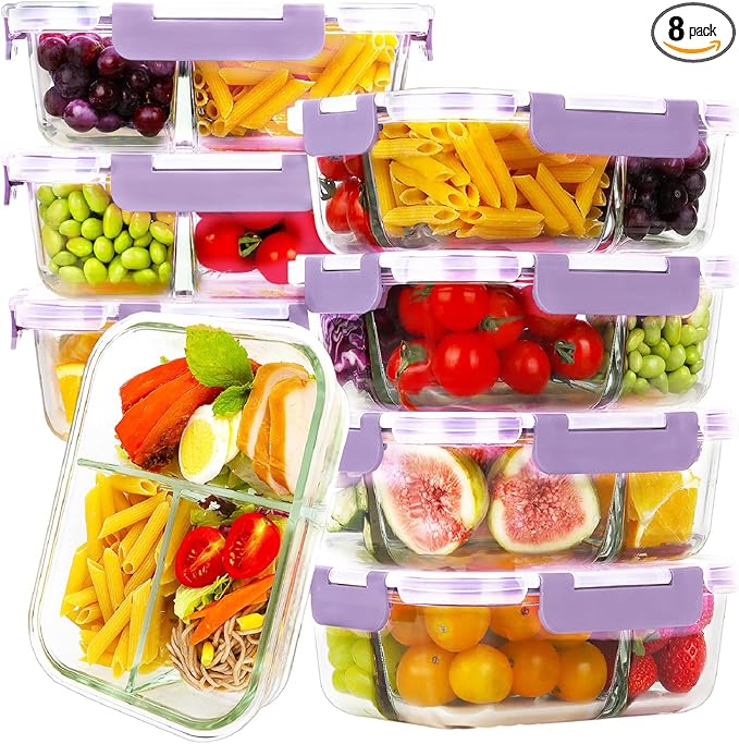 HOMBERKING 8 Pack Glass Meal Prep Containers 3 Compartment, 36oz Glass Food Storage Containers with Lids, Airtight Glass Lunch Bento Boxes, BPA-Free & Leak Proof (8 lids & 8 Containers) - Purple