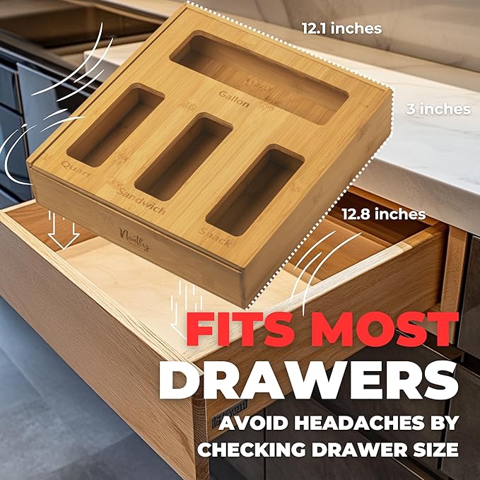 Storage Bag Organizer Kitchen Drawer, Plastic Bag Organizer, Baggie Organizer for Drawer, Sandwich Bag Organizer 4 Slots, Baggie Holder with Lid for Quick Refill of Gallon Quart Snack Sandwich Bags