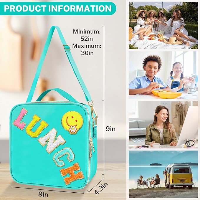 Insulated Girls Lunch Box, Preppy Lunch Box for Teen Girls, Cute Girls Lunch Bag for Kids, Large Reusable Cute Cooler Bag with Adjustable Shoulder Straps,Perfect for School Travel Picnic(Cyan)