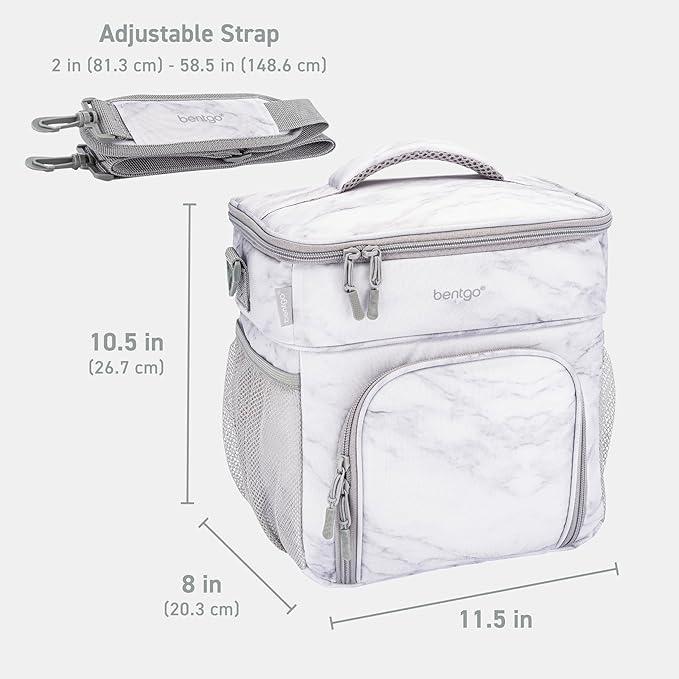 Bentgo Prep Deluxe Insulated Multimeal Bag - Lunch Box Bag, Holds 5 Meals, Premium Insulation up to 8 Hrs, Durable, Water-Resistant - Large Capacity For Adult Meal Prep (White Marble)