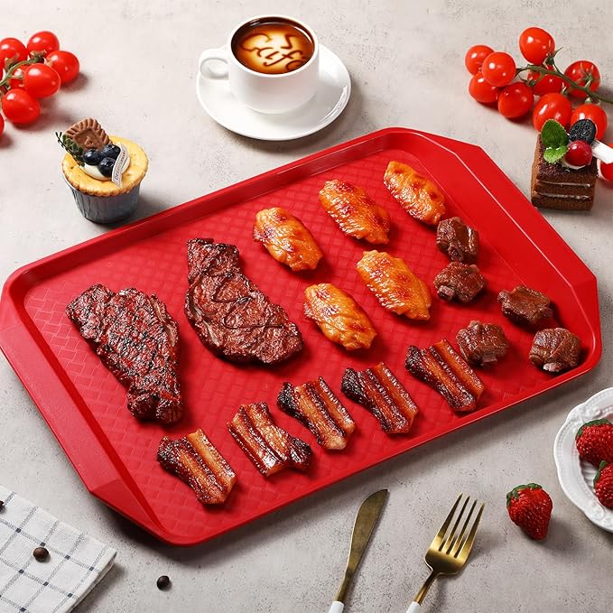 Set of 4 Grill Prep Trays 17x12 Inch 14x10 Inch Large Grill Tray for Cooking Meat Thawing Tray BBQ Serving Plastic Platter, Black Red Stackable Defrosting Grill Prep and Carry System