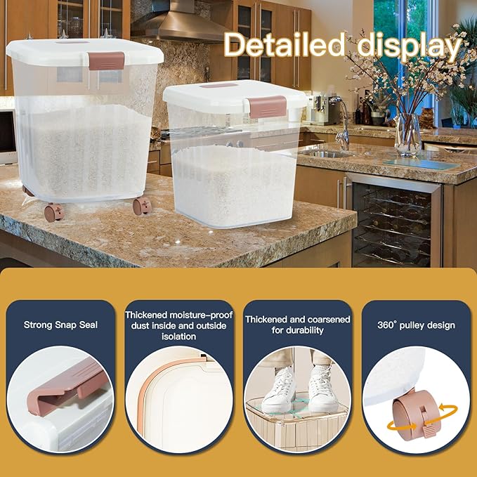 2PCS Airtight Flour Sugar Storage Containers with Lids, Easy to Move, Plastic Rice Cereal Grain Pet Food Bin with Wheels for Kitchen Pantry Organization (20lbs & 50lbs)