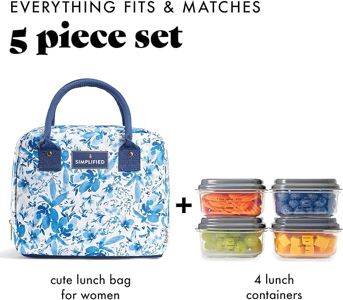 Fit & Fresh Lunch Bag For Women, Insulated Womens Lunch Bag For Work, Leakproof & Stain-Resistant Large Lunch Box For Women With Containers, Zipper Closure Bloomington Bag Blue Floral