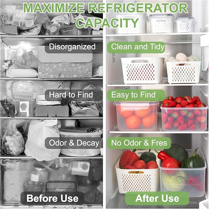 6 Pcs Large Fruit Containers for Fridge, Airtight Food Storage Containers with Removable Colander, Dishwasher and Microwave Safe, Berry Produce Container Keep Fruits, Vegetables, Meat Fresh Longer