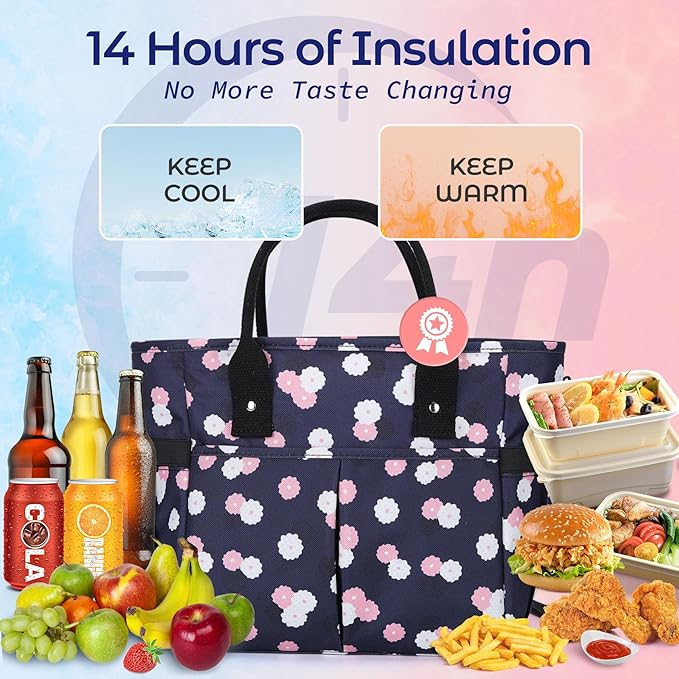 KIPBELIF Cute&Classy Roomy Insulated Lunch Bags for Women - Stylish & Functional Large Tote Adult Lunch Box for Working & Picnic (Dark Blue Plum, L)