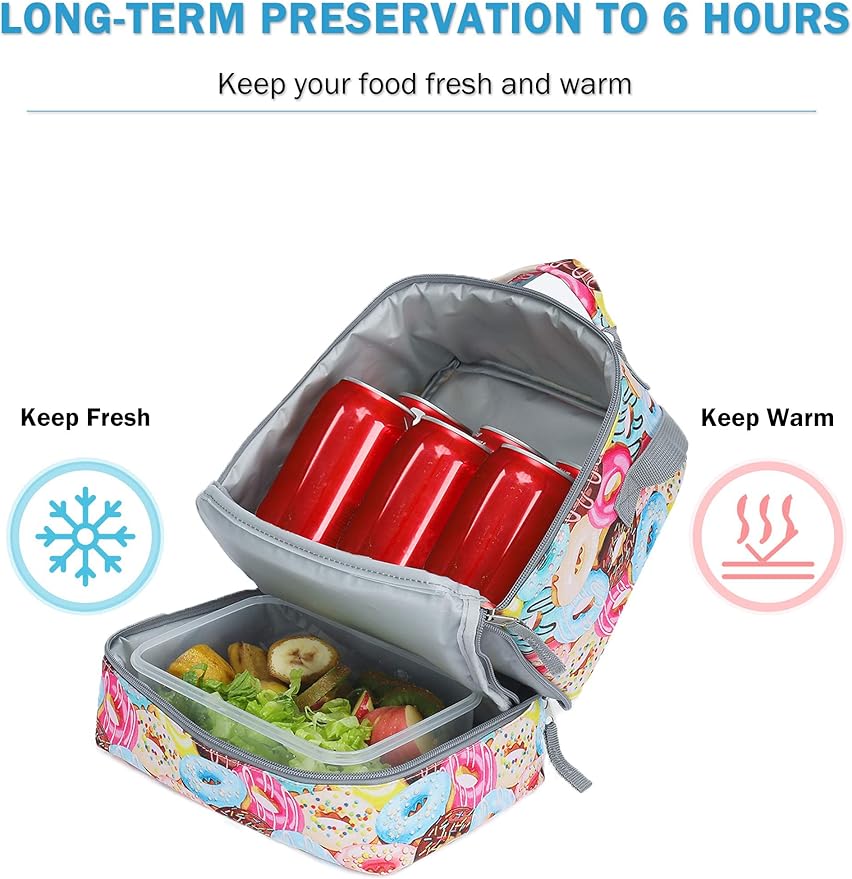 Tilami Lunch Bags Insulated Adjustable Strap Zipper, Two Compartments Cooler Bags, Bento Bags for Kids Toddlers, Doughnut