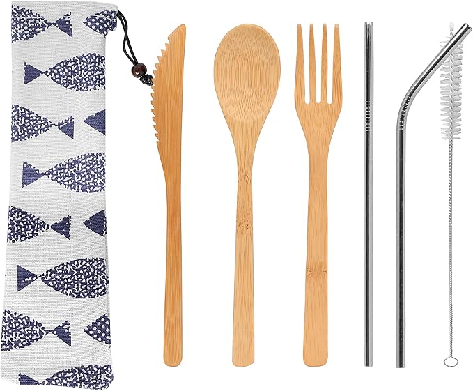 UPTRUST 2 Set Bamboo Cutlery Set with Travel Case, Reusable Bamboo Utensils - 7.8 Inches Knife, Fork, Spoon, 3 Colors Metal Straw - Portable Travel Set (Silver Straw)