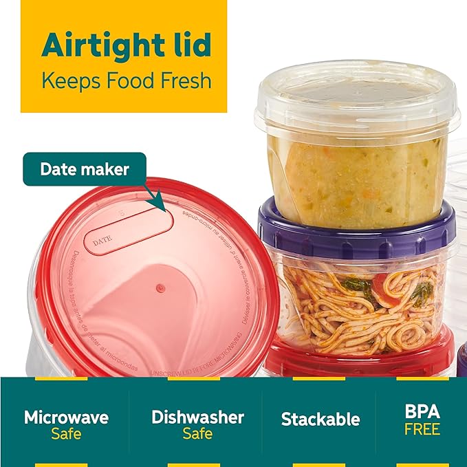 16 ounce Plastic Food Storage Containers with colored Twist Top Lids Reusable Leak Proof Deli Containers for Freezer Storage Meal Prep (24)