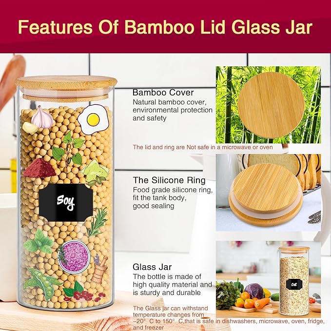 Glass Jars with Bamboo Lids for Kitchen, 32 oz 8 Pcs Airtight Pantry Storage Containers for Rice, Candy, Sugar, Flour, Nuts, Cookie, Coffee Bean