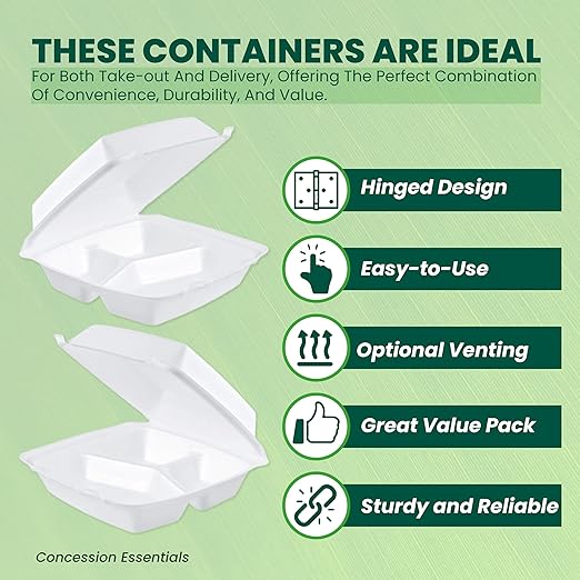 Concession Essentials Pack of 30CT Large 9 x 9 x 3.5 Inch Foam 3-Compartment Containers, White, Hinged, with Optional Venting, Polystyrene, 9"L x 9"W x 3.5"H