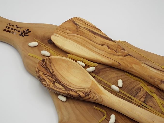 Olive Wood Spoon & Curved Spatula (12 Inch Set of 2 Pieces), Wooden Utensils, Turner/Spatula/Spoon for Every Day Cooking, From Bethlehem