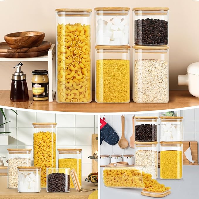 Glass Food Storage Jars with Bamboo Lids Square, Includes 1 Set of 74oz, 2 Set of 41oz & 27oz Storage Kitchen Canisters Pantry For Cookies Cereal Nuts Coffee Beans (Set of 5)