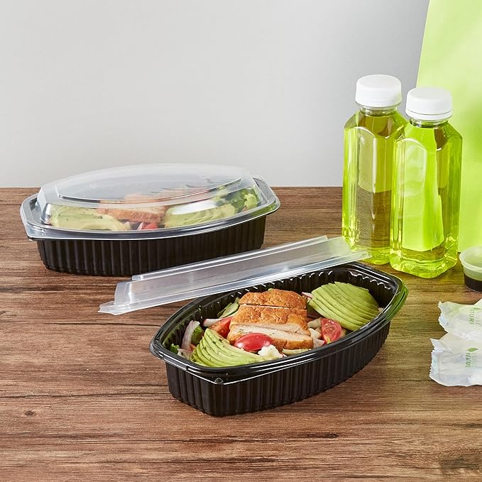 Restaurantware RW Base 28 Ounce Meal Prep Containers, 100 Microwavable To Go Containers With Lids - Disposable, Freezable, Black Plastic Oval Food Containers, Pack Hot And Cold Food, For Takeaway