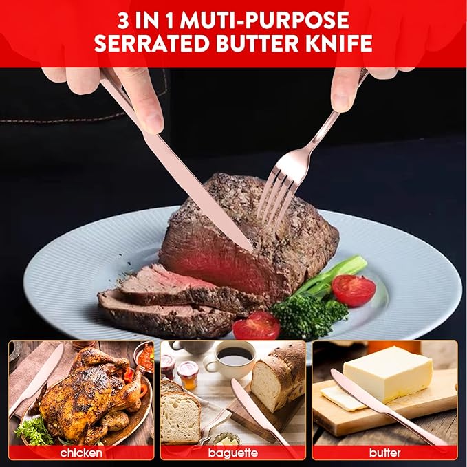 30 Pieces Rose Gold Silverware Set, Stainless Steel Rose Gold Cutlery Flatware Set Service for 6, Home Kitchen Utensil Sets Tableware for Restaurant and Party