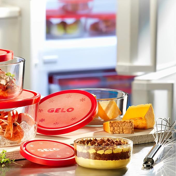 Bormioli Rocco Gelo 4pc Glass Storage Container/Food Storage Set with Red Lid (11.75 oz., 24.25 oz., 44.75 oz., 93.75 oz.)