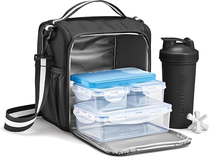 Fit & Fresh BREE Meal Prep Lunch Box With Containers, Ice Pack, and Shaker Bottle For Men and Women, 6pc. Meal Prep Kit Lunch Bag With Containers Included, Black