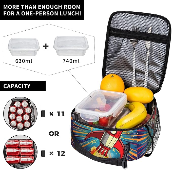 Insulated Lunch Box for Kids Boys Girls, Reusable Lunch Bag for School, Office, Work, Picnic, Travel, Space Rocket Launch Lunch Box