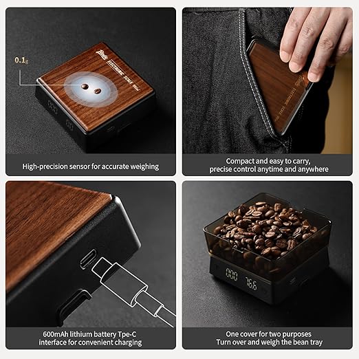 Mini Coffee Digital Scale with Timer, Rechargeable Kitchen Electronic Scale, Compact Digital Scale for Precision Brewing, Accurate Measurement for Espresso & Pour Over (Wood)
