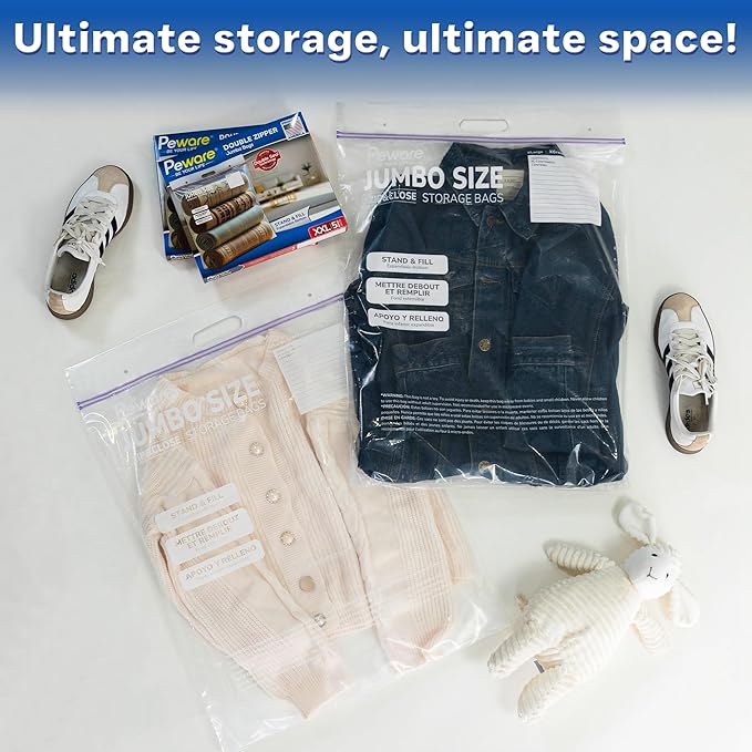 Jumbo Plastic Storage Bags, Extra Large 10Gallon Resealable Zipper Lock Seal Bags for Bedding, Clothes, Travel, and Food, Moving Totes, 20"x26", 20 Pack