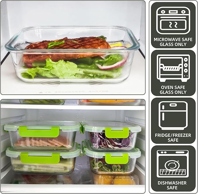 10 Pack Glass Food Storage Containers with Airtight Lids, Ideal for Meal Prep, Lunches - Microwave and Dishwasher Safe, Green