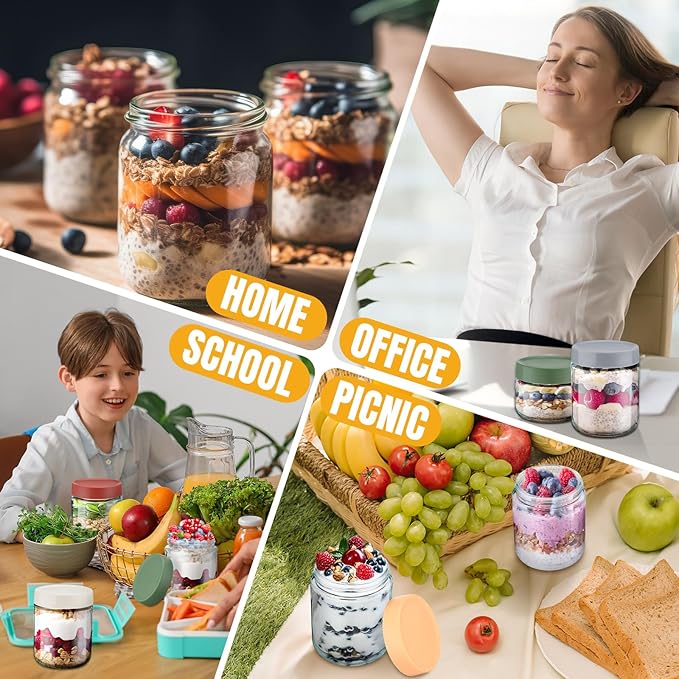 Glass Meal Prep Containers 10 Pcs Overnight Oats Containers with Lids 16 oz and 10 oz Large & Small Glass Jars Breakfast Oatmeal Container Salad Meal Prep Jars for Food Storage(Retro Color)