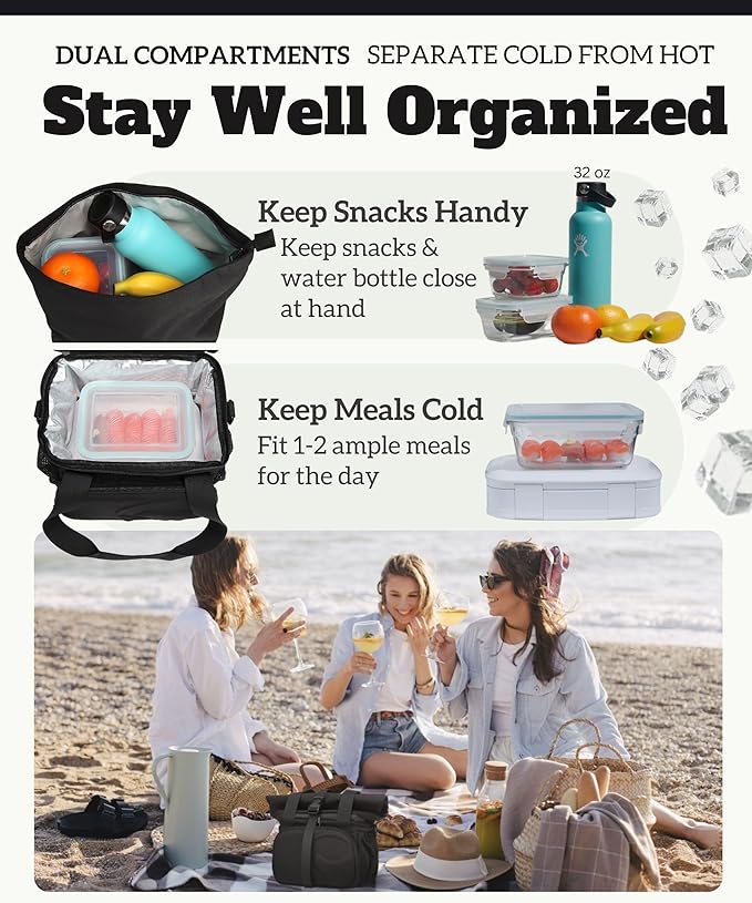 SUNNY BIRD 14L Large Insulated Lunch Bag, Leakproof and Dual Compartment Lunch Cooler Box for Women Adult and Men, Fits 21 Cans (Black 01)