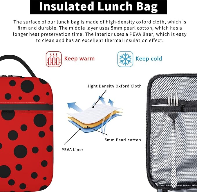 YETTA YANG Ladybug Black And Red Polka Dot Portable Lunch Bag Insulated Lunch Box Reusable Totes For Women Men Work Picnic Camping