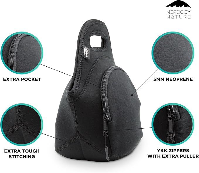 Nordic By Nature Lunch Bags For Women & Lunch Boxes For Kids Premium Insulated Lunch Box Extra Thick Neoprene, Soft Cotton Feel, Premium Stitching, Outside Pocket, Washable (M) Black