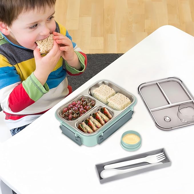Stainless Steel Bento Lunch Food Box Container, Metal Bento Lunch Box Container for Kids or Adults with Lockable Clips to Leak Proof (Green)
