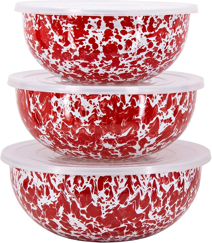 Golden Rabbit Enamelware - Set of 3 - Mixing Bowls (Red Swirl)