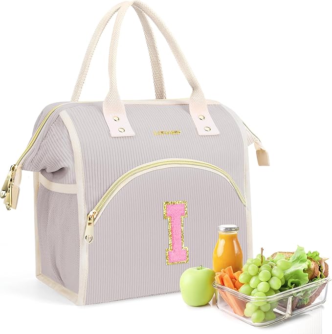 Personalized Initials Lunch Box for Women& Men, Preppy Reusable 10 L Insulated Lunch Bag, Leakproof Large Adults lunch tote Cooler Bags Insulated for Beach,Travel,Work, Picnic-Birthday Gifts(Gray I)