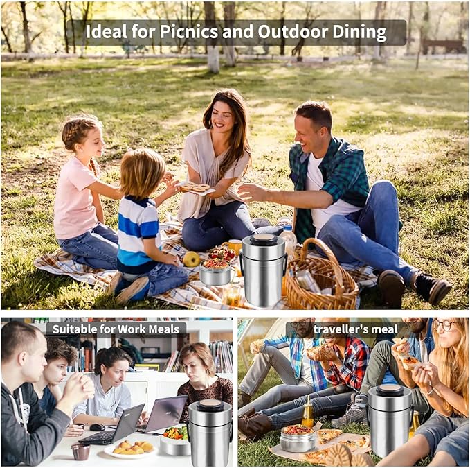 67oz Thermos for Hot Food,3-Layer Sealed Stackable Food Thermos,with Lunch Bag Soup Thermos Wide Mouth,It Is Suitable for Daily Office Meals, and Outdoor Meals (Silver)