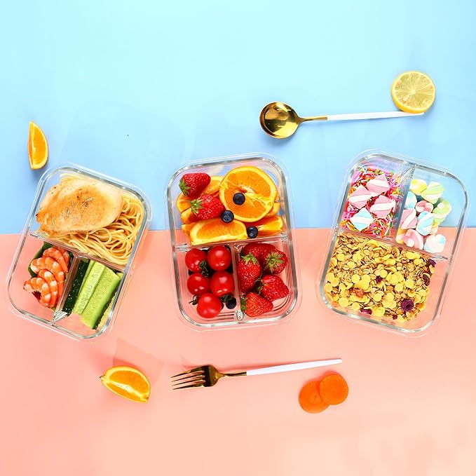 Glass Meal Prep Containers 3 Compartment with Lids (5 Pack, 36oz), Divided Glass Storage Containers for Lunch at Work, Leak-Proof Portion Control Food Containers, Microwave / Dishwasher Safe