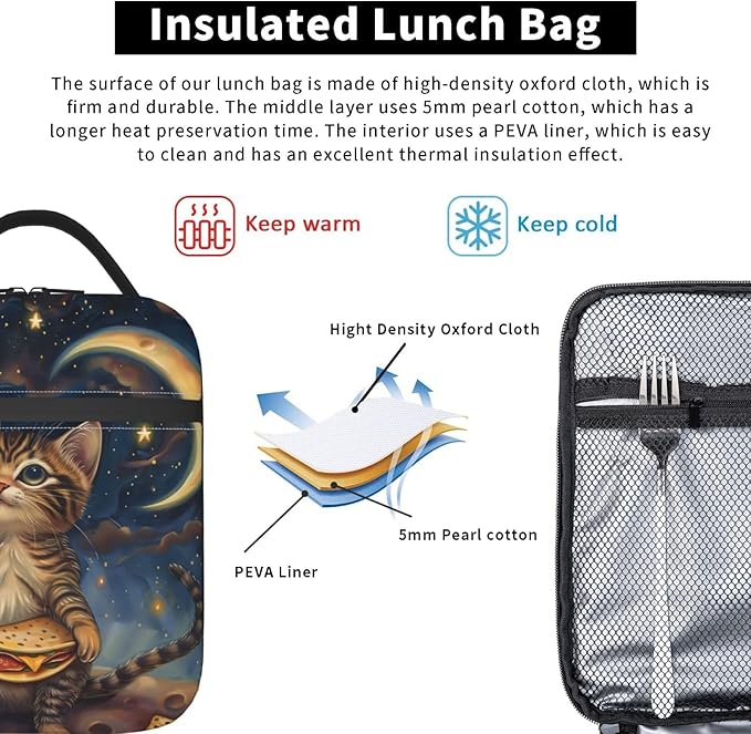Insulated Lunch Box for Kids Boys Girls, Reusable Lunch Bag for School, Office, Work, Picnic, Travel, Cute Cosmic Cat Pizza Lunch Box