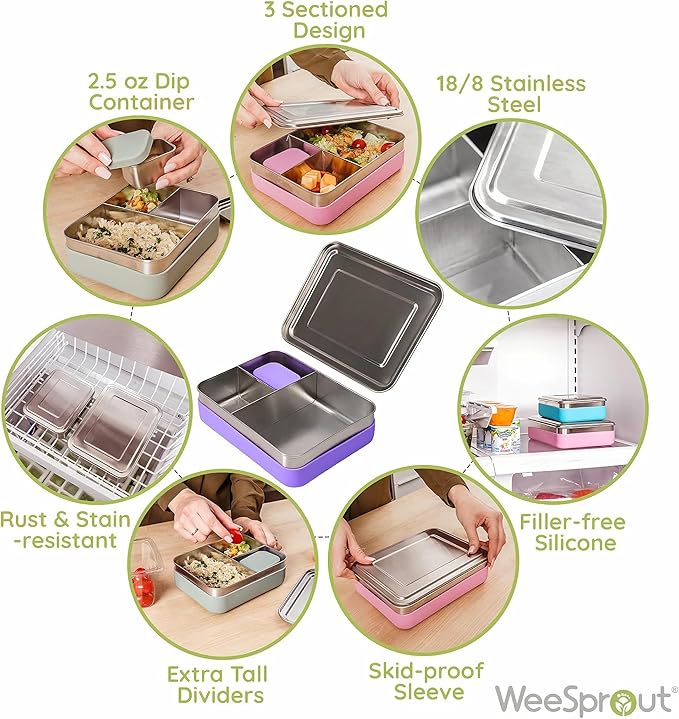 WeeSprout 18/8 Stainless Steel Bento Box (Compact Lunch Box) - 3 Compartment Metal Lunch Containers, for Kids & Adults, Bonus Dip Container, Fits in Lunch Bag & Backpack
