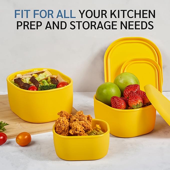 ISSEVE 6Pcs/Set Nesting Silicone Food Storage Containers with Lids, BPA Free Reusable Meal Prep Silicone Containers Lunch Box Bento Box Set (33.8oz, 20oz, 10oz, 6.7oz, 1.3oz) (Yellow)