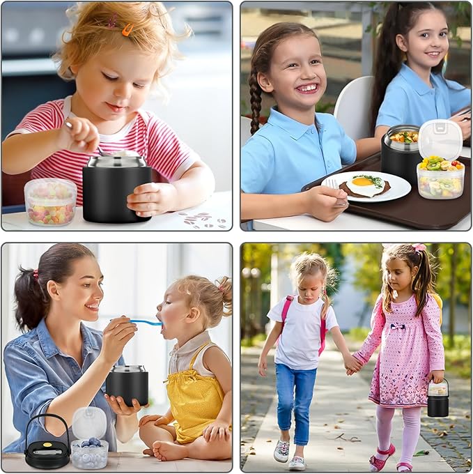 2-In-1 Soup Thermo for Hot Food Kids, 15 Oz Insulated Lunch Container and a Snack Box, Wide Mouth, Leak Proof, Stainless Steel Spoon, Dishwasher Safe Food Thermo Set for School, Work, Travel, Black