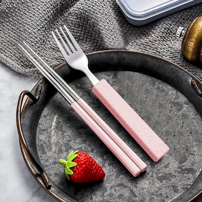 VANRA 3-Piece Children Utensils Set 18/8 Stainless Steel Child Flatware Set Silverware Spoon Fork Chopstick Set with Travel Case for Kids Lunch Box