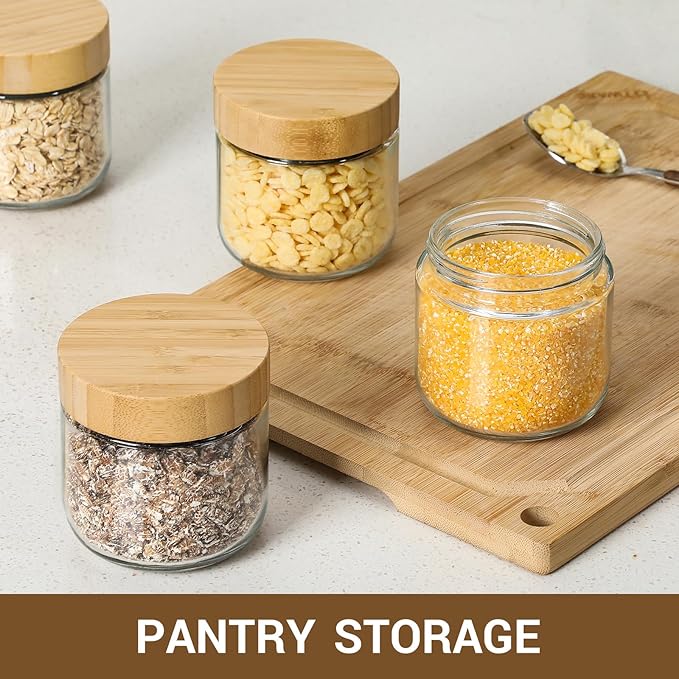 NETANY 4-pack 10oz Glass jars with Airtight Lids, Overnight Oats Containers with Bamboo Lids, Wide mouth Mason Salad jars, Glass Food Storage Containers for Snacks Yogurt Spice Sugar