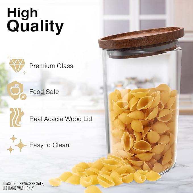 Glass Jars with Wood Lids Set of (2) 28 fl oz Airtight and Stackable Storage Containers for the Kitchen or Pantry Canister Wooden Acacia Lid holds Food Coffee Pasta