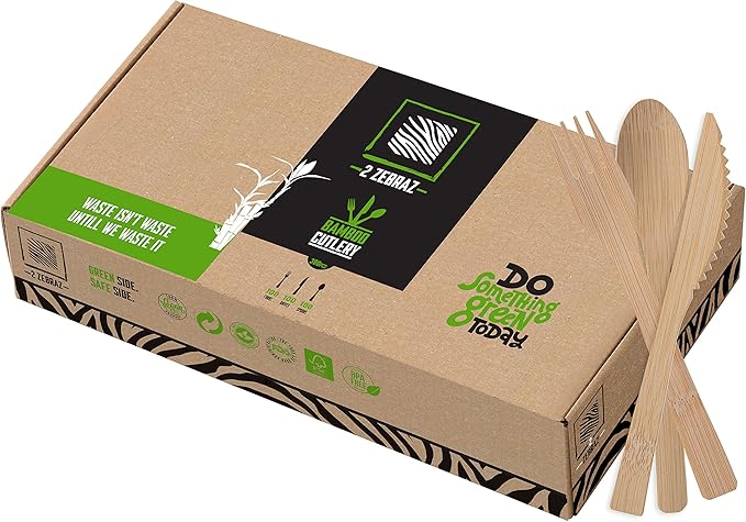 2ZEBRAZ 100% Bamboo Cutlery Set of 300pc - 100 Forks, 100 Knives, 100 Spoons, Smooth Reusable Bamboo Silverware, Compostable and Durable Disposable Utensils, Eco-Friendly Flatware in Premium Box