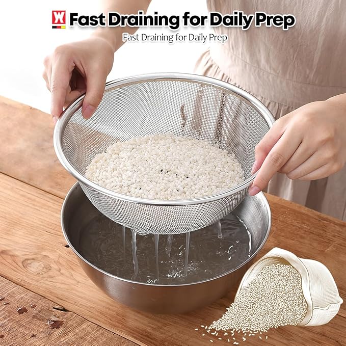 Stainless Steel Mixing Bowl and 3-Legged Colander Set, Multipurpose Kitchen Basket with Fine Mesh Colander, Salad Mixing Bowl with Strainer, Rinsing Vegetables & Fruits (24cm / 9.45")