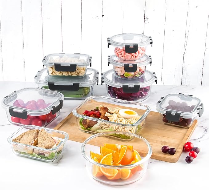 YANGNAY Glass Food Storage Containers Set of 12, Glass Meal Prep Containers with Airtight Lids, Dishwasher Safe, 6 Sizes