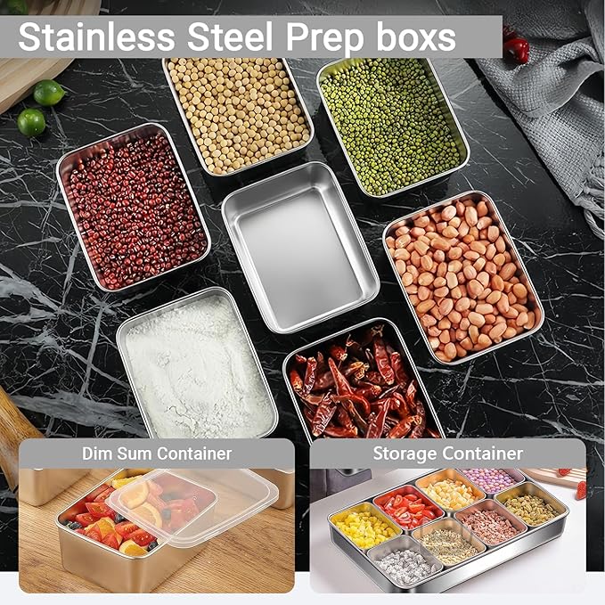 10-Pcs Stainless Steel Leak-Proof Snack Boxs with Lids - Kitchen Seasoning Containers, Restaurant Prep food Bowls - Portable & Easy to Clean (500ML)
