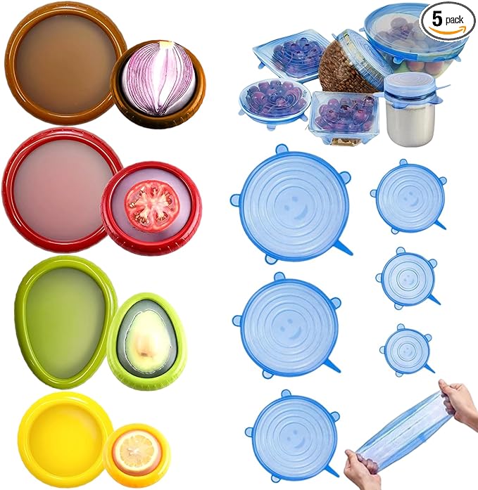 Fresh Guard - Set of 4 Reusable Storage Containers for Fridge - Anti-Oxidation - Avocado Saver and Tomato Holder + 6 Reusable Silicone Stretch Lids - Airtight, Leak-Proof for Bowls, Jars, Cans